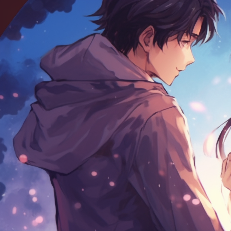 Two characters in a serene embrace, featuring soft hues and delicate shading. real-life match pfp for couples pfp for discord.