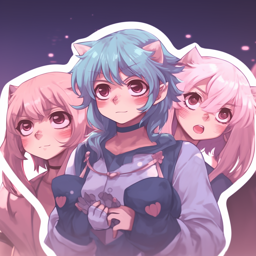 Three matching nekomimi characters, showcasing playful expressions and pastel hues. anime 3 matching pfp aesthetics