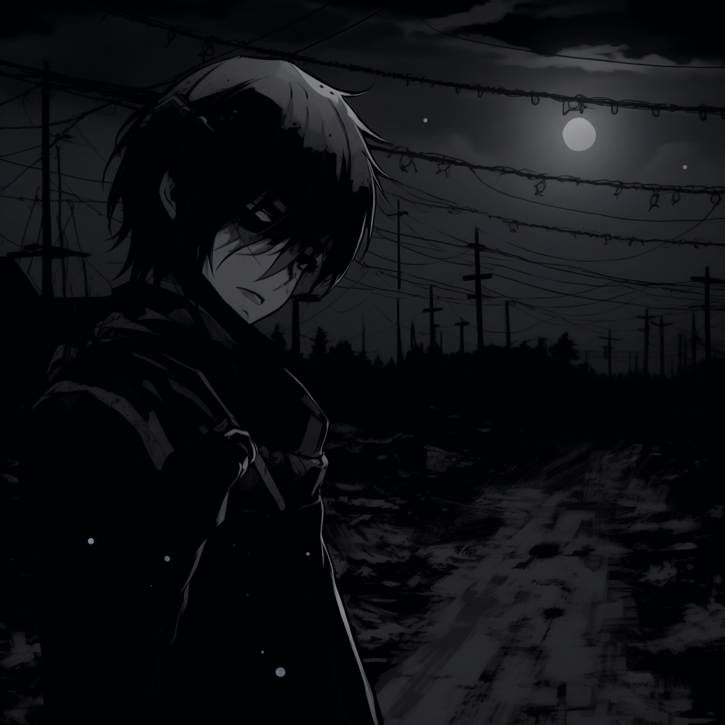 A desolate anime landscape in a dark color palette, featuring stark contrasts and somber undertones. dark aesthetic anime pfpHD, free download