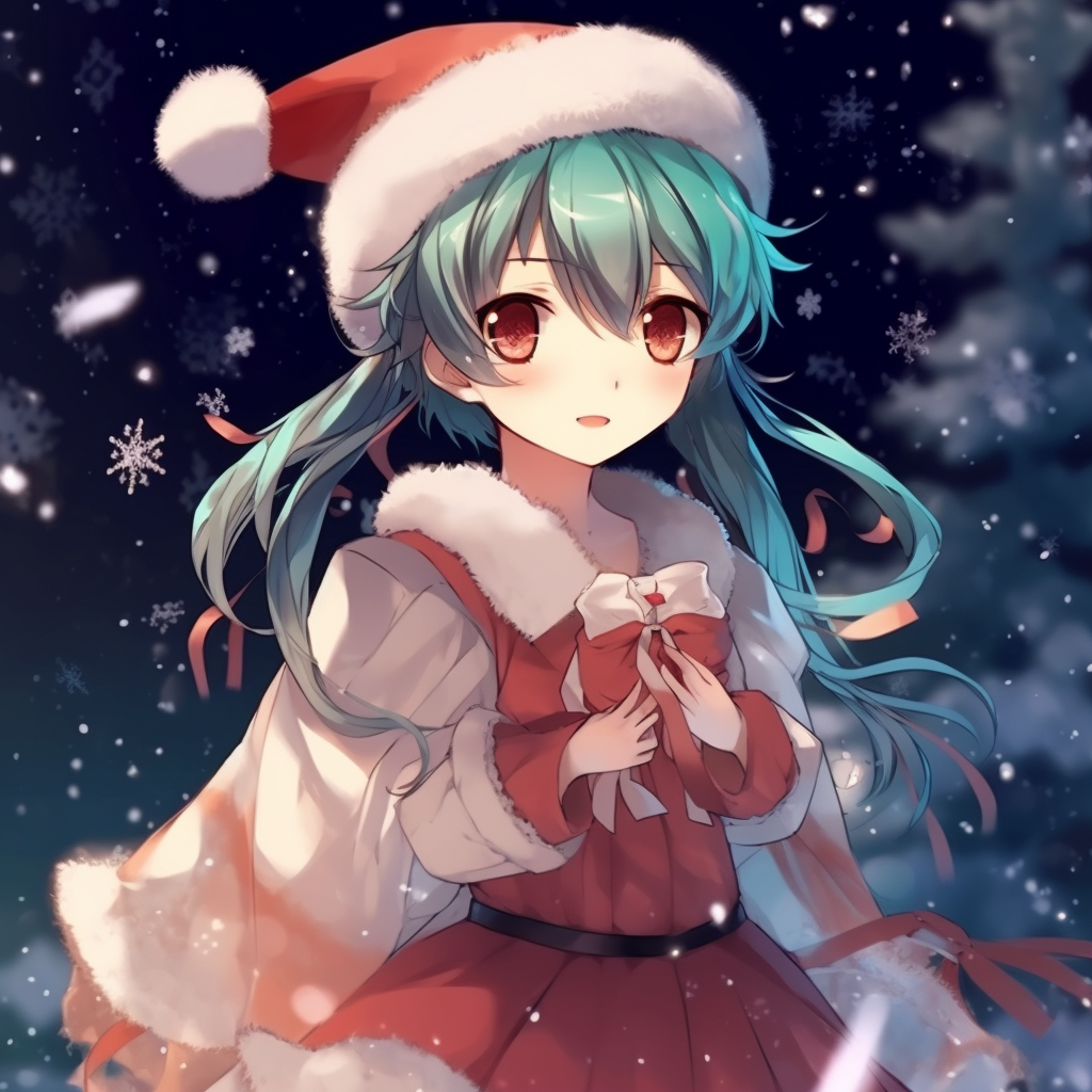 A close-up shot of Miku's face, highlighting her blue eyes and Christmas hat, with detailed shading. christmas anime pfp
