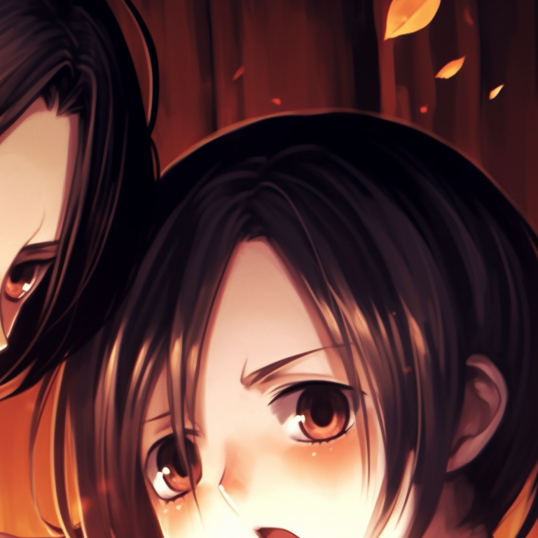 Scene of Eren and Mikasa exploring a haunted house, emphasis on atmospheric elements and muted colors. halloween themed eren and mikasa matching pfp pfp for discord.