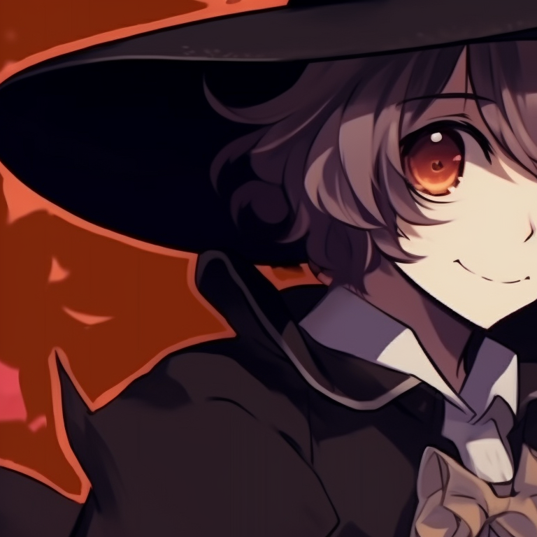 Two characters as a mage and a witch, pastel colors, exchanging a magical token. anime theme matching couples pfp for halloween pfp for discord.