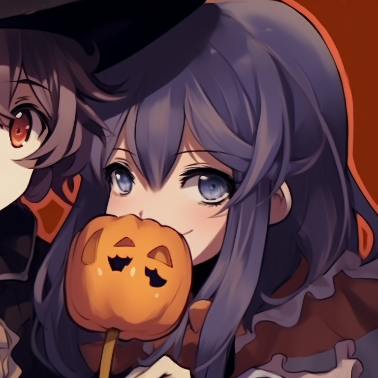 Two characters as a mage and a witch, pastel colors, exchanging a magical token. anime theme matching couples pfp for halloween pfp for discord.