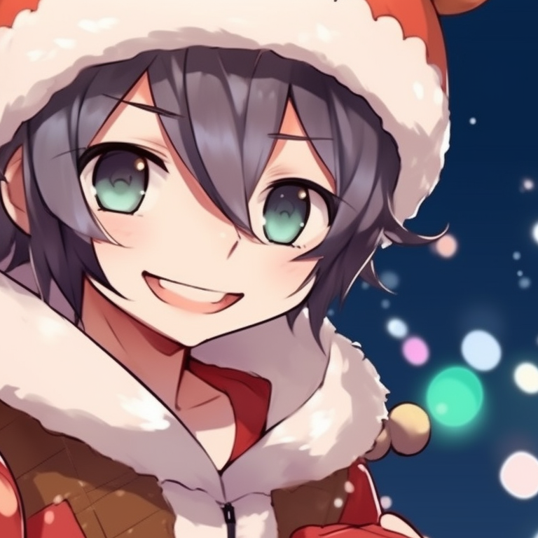 Two characters in matching holiday costumes, richly colored, standing shoulder-to-shoulder. top matching christmas anime boy pfp pfp for discord.