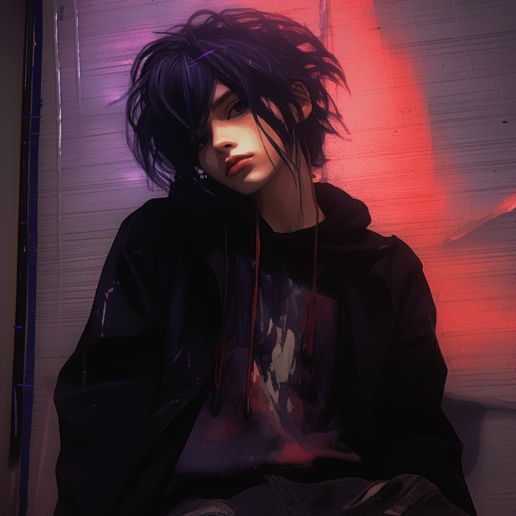 Anime character from the harsh urban streets, depicted in a distinct grunge style with gritty details and deep shadows. masculine grunge aesthetic pfp pfp for discord.