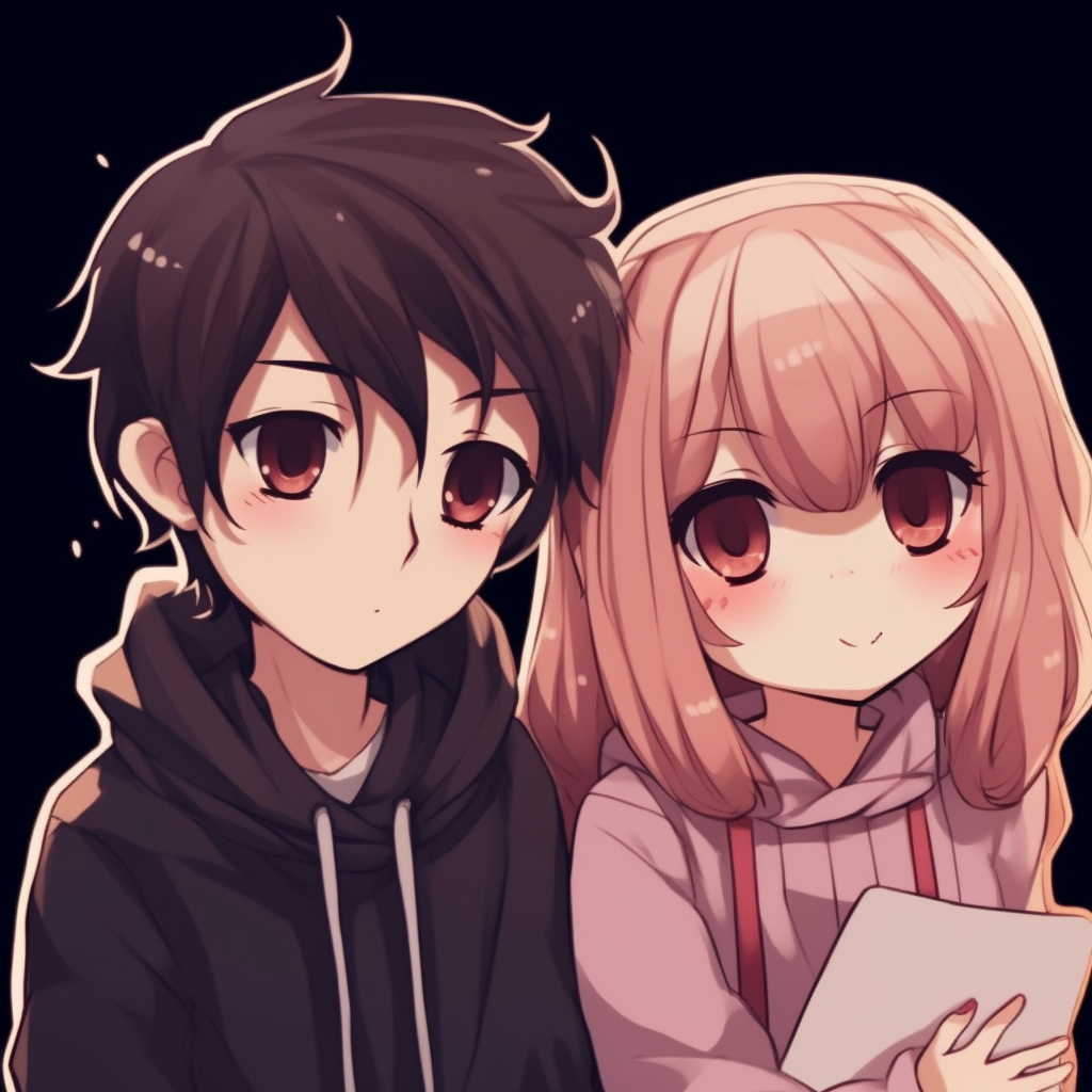 Chibi versions of an anime couple, soft colors and round shapes. cool and cute matching pfp anime