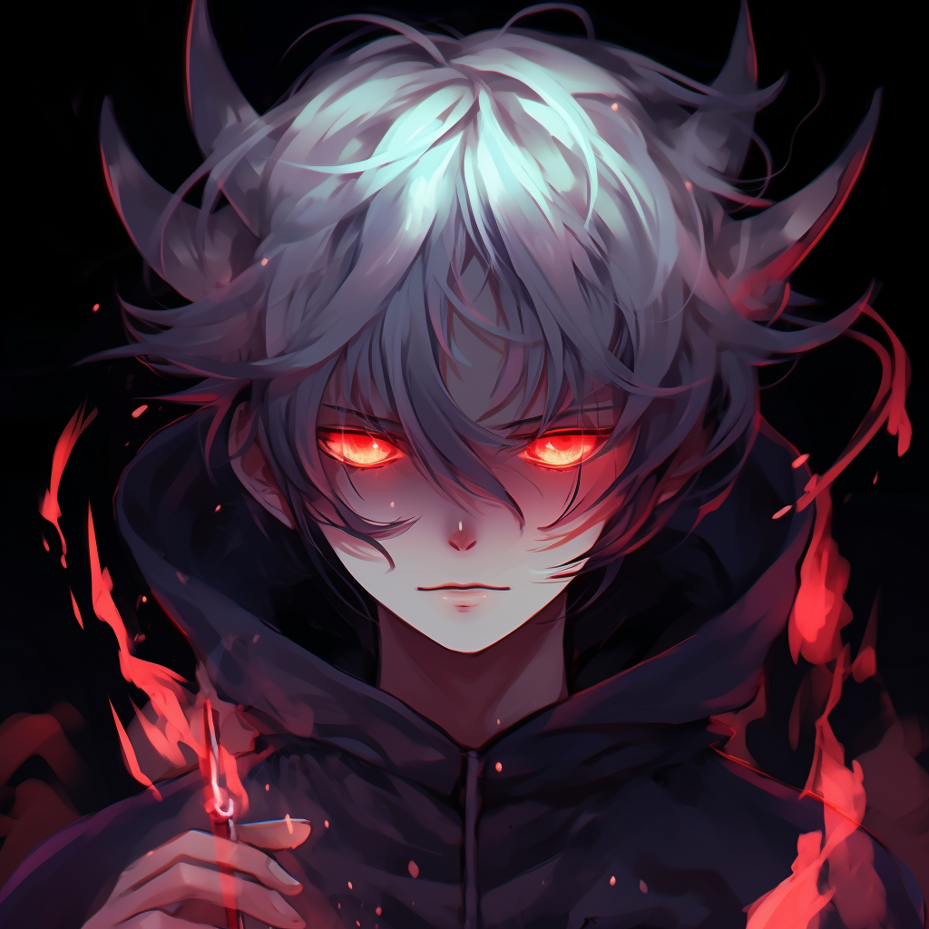 A mysterious demon boy with striking red eyes and snow-white hair, set against a dark background. creative demon anime pfp pfp for discord.
