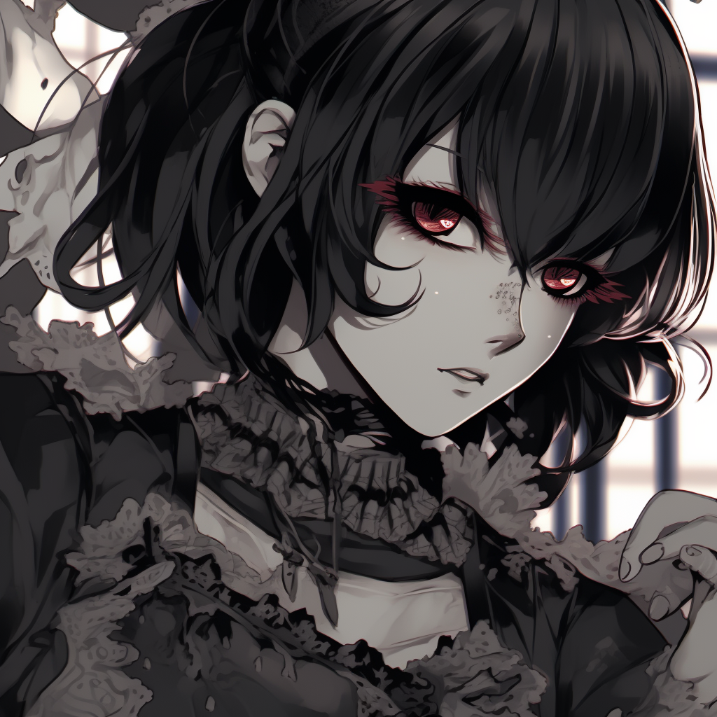 Victorian era inspired goth anime art, presenting elaborate clothing and headdress, focus on dark hues. preparing goth anime girl pfp pfp for discord.