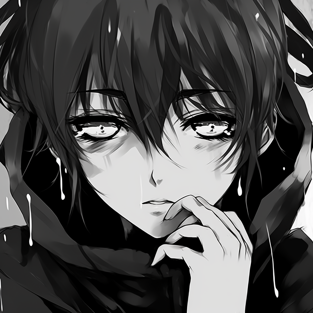 An anime profile picture focusing on extraordinary contrast between light and dark features. unique anime black and white pfp