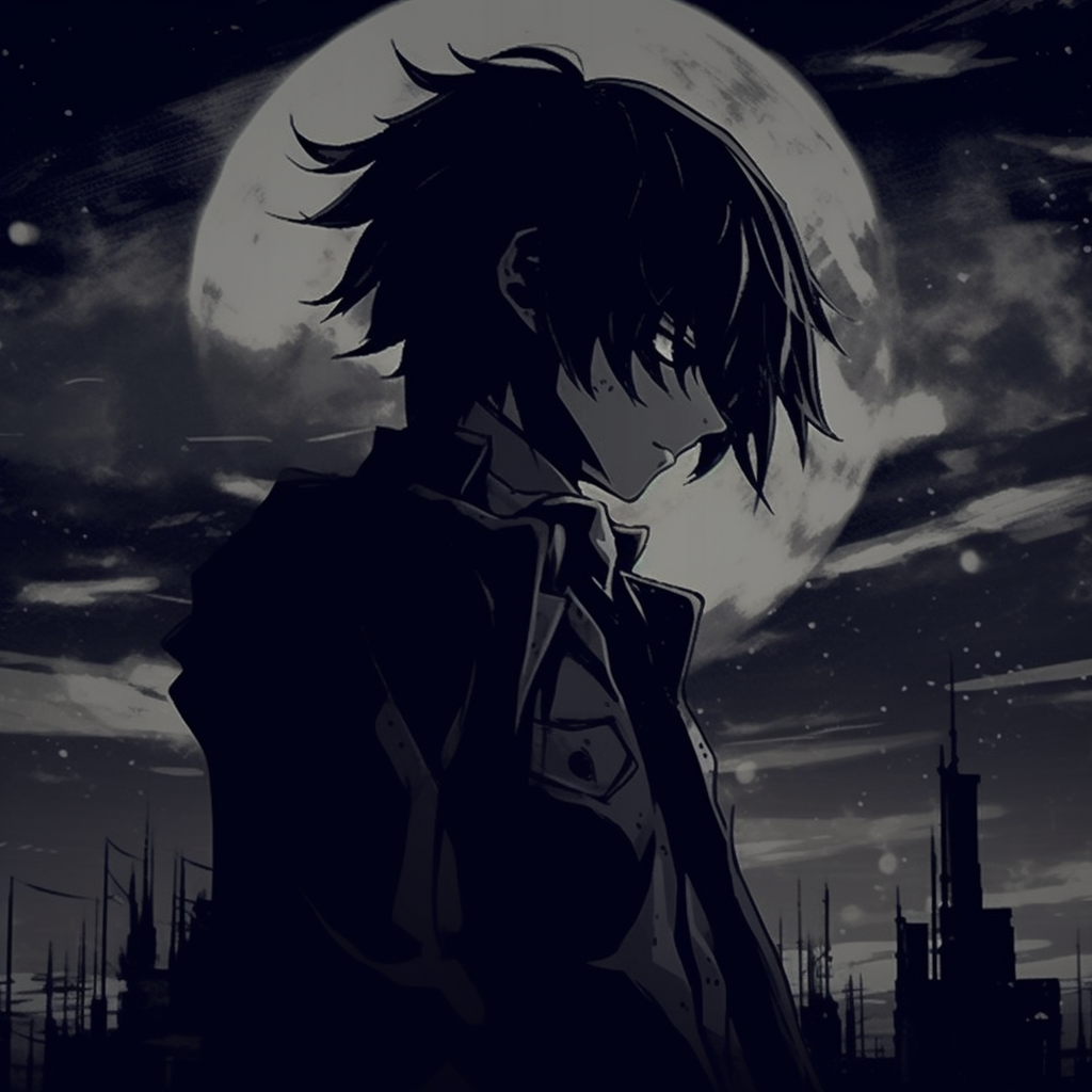 Anime character set against a night scenery, with the moonlight casting a harsh contrast against his figure, highlighting each detail. darkness anime pfp characters pfp for discord.