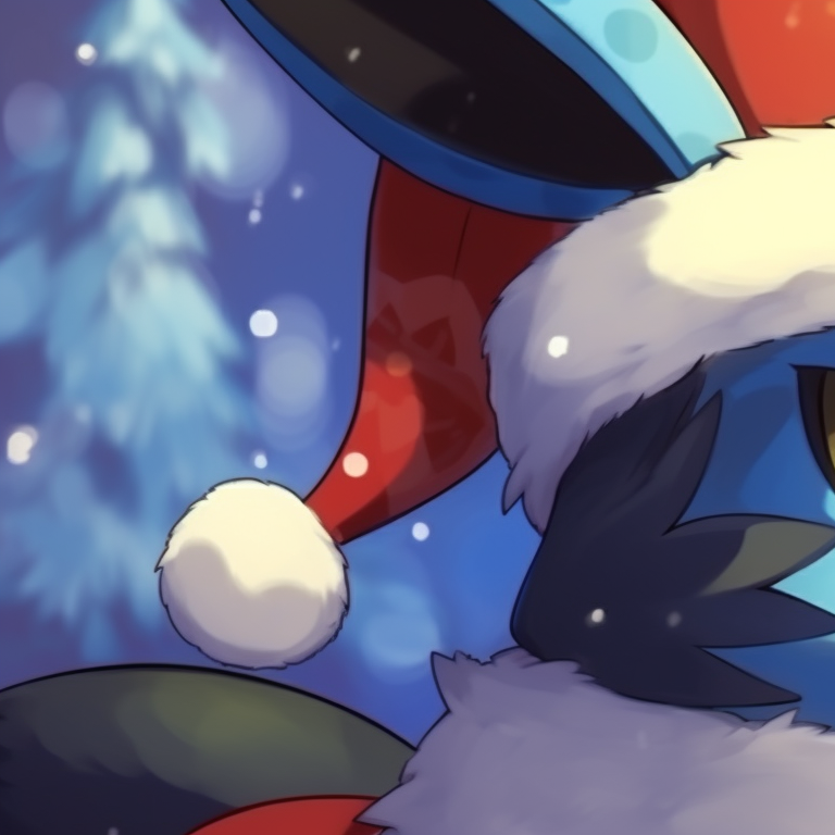 Lucario pair in Christmas attire, one cheerful and the other serious, with a snowy backdrop. highlighted lucario christmas profile pictures pfp for discord.