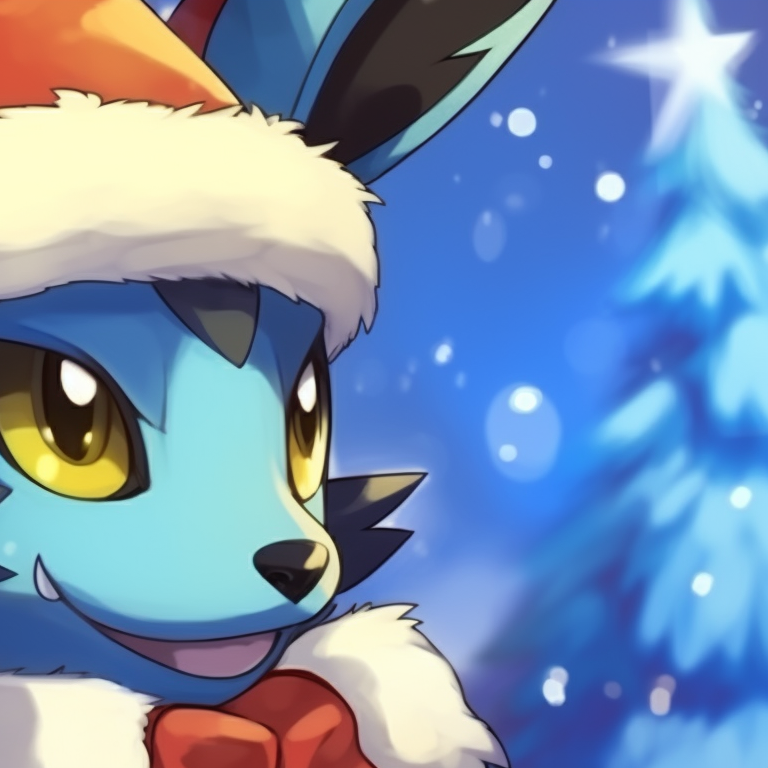 Lucario pair in Christmas attire, one cheerful and the other serious, with a snowy backdrop. highlighted lucario christmas profile pictures pfp for discord.