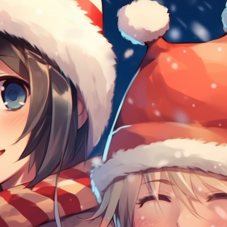 Two characters cuddled under a Christmas blanket, detailed stitching and cozy vibes. christmas-themed cute pfp that match pfp for discord.