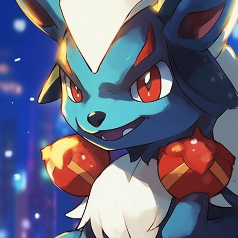 Matching Lucario pair in battle pose, against a festive setting with glowing aura orbs. highlighted lucario christmas profile pictures pfp for discord.