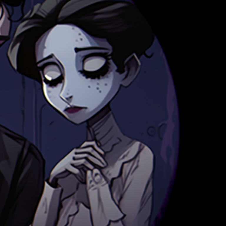 Victor and Emily in a loving gaze, medium tones and gloomy atmosphere. victor and emily corpse bride matching pfp pfp for discord.