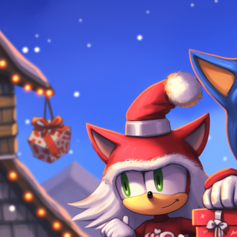 Sonic and Tails in holiday gear, standing under jingling bells, vibrant colors dominating the scene. iconic matching christmas sonic pfp pfp for discord.