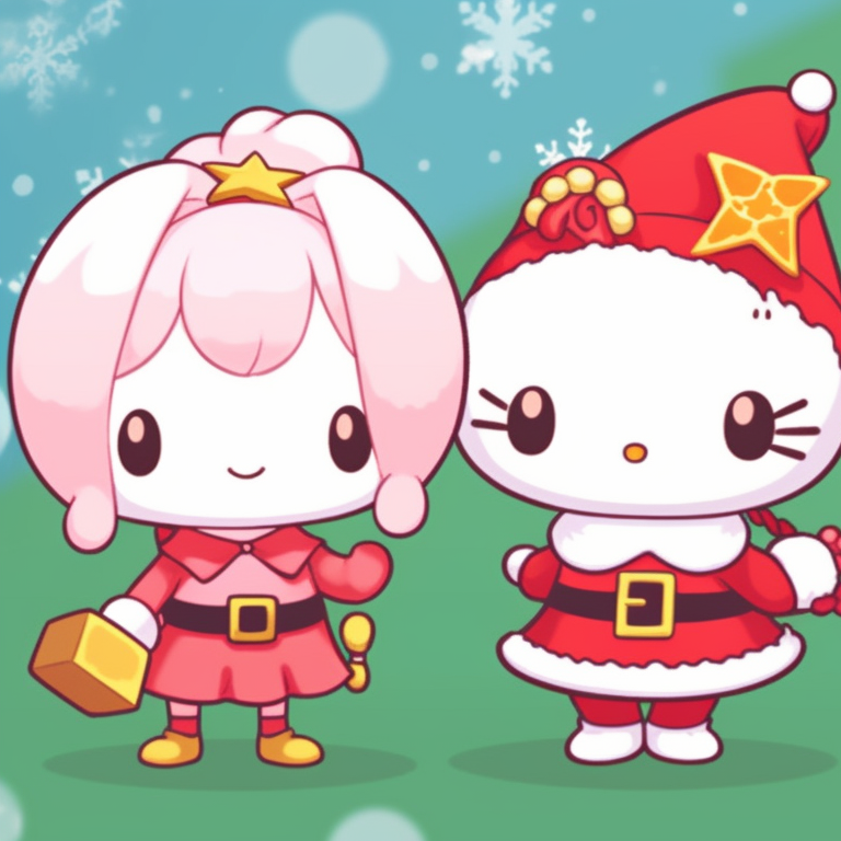 Sanrio characters in matching red and green outfits, playfully interacting. matching christmas sanrio pfp videos pfp for discord.