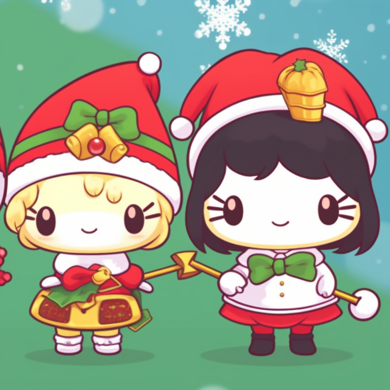 Sanrio characters in matching red and green outfits, playfully interacting. matching christmas sanrio pfp videos pfp for discord.