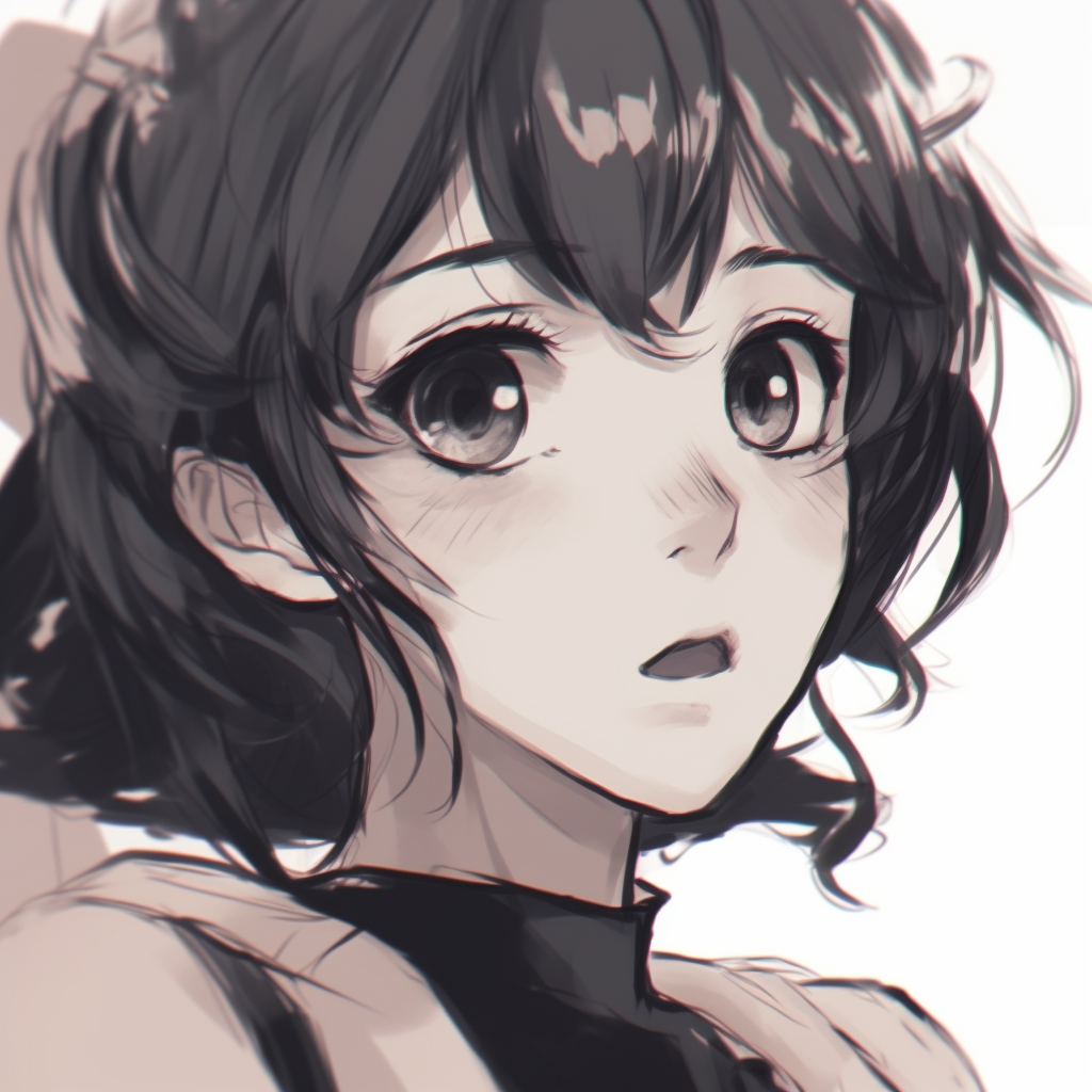 Character looking off with a gaze full of mystery, detailed eyes and strong lines. anime pfp sus expressions