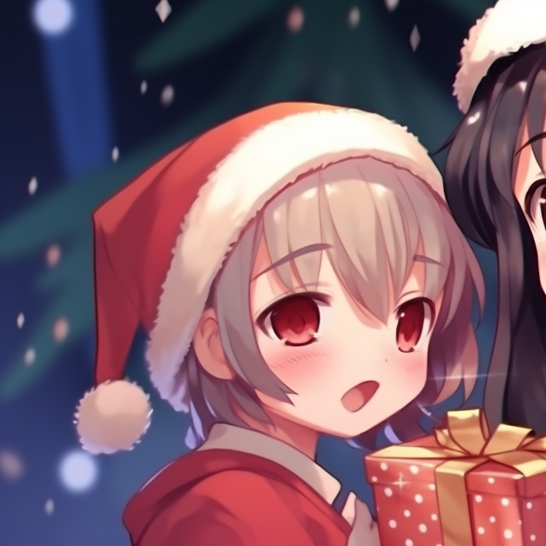 Two students in their school uniforms, snowy schoolyard, and clear night sky in the background. harmonizing christmas pfp for school pupils pfp for discord.