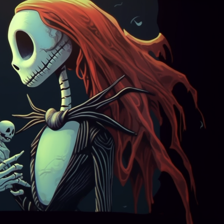 Close-up of Jack and Sally, intricate details with a mix of cool and warm colors. nightmare before christmas pfps jack and sally pfp for discord.