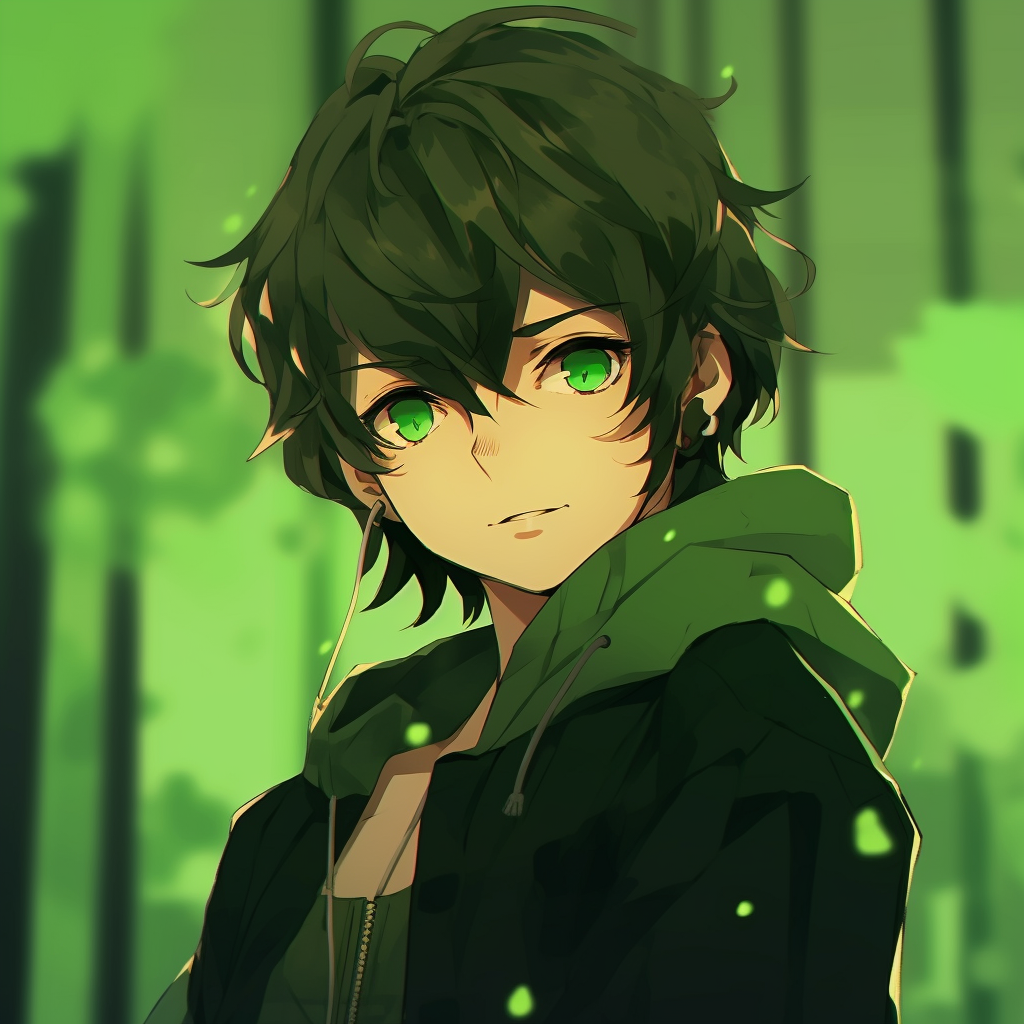 Male anime protagonist with moss green background, detailed character design and warm tones. moss green anime pfp selections