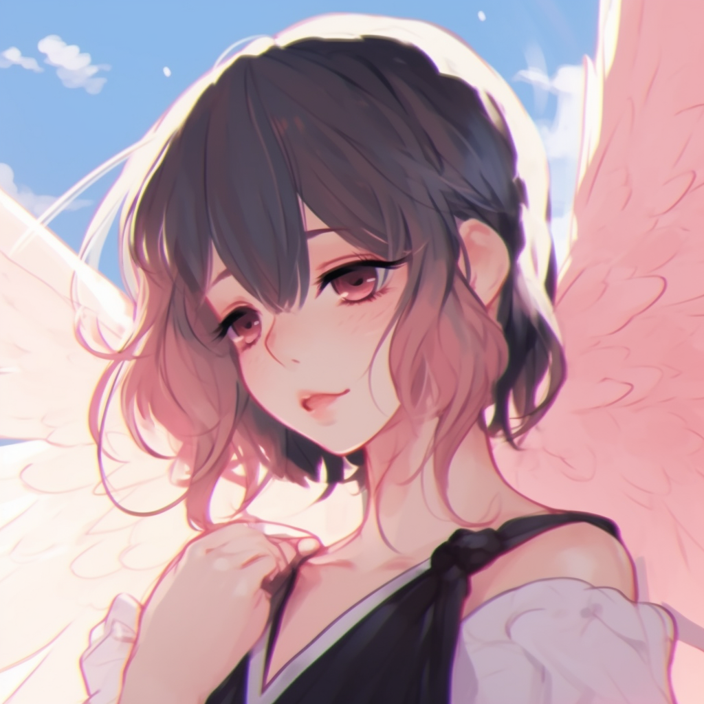An anime girl character with angel wings, tender colors and fine lines sus anime girl pfp images