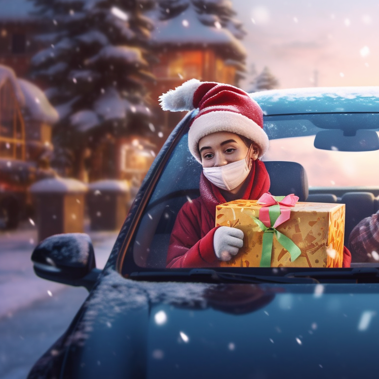 Two characters in elf hats, their cars decorated like Santa's sleigh, soft pastel colors and whimsical design. stunning matching christmas car collections pfp for discord.