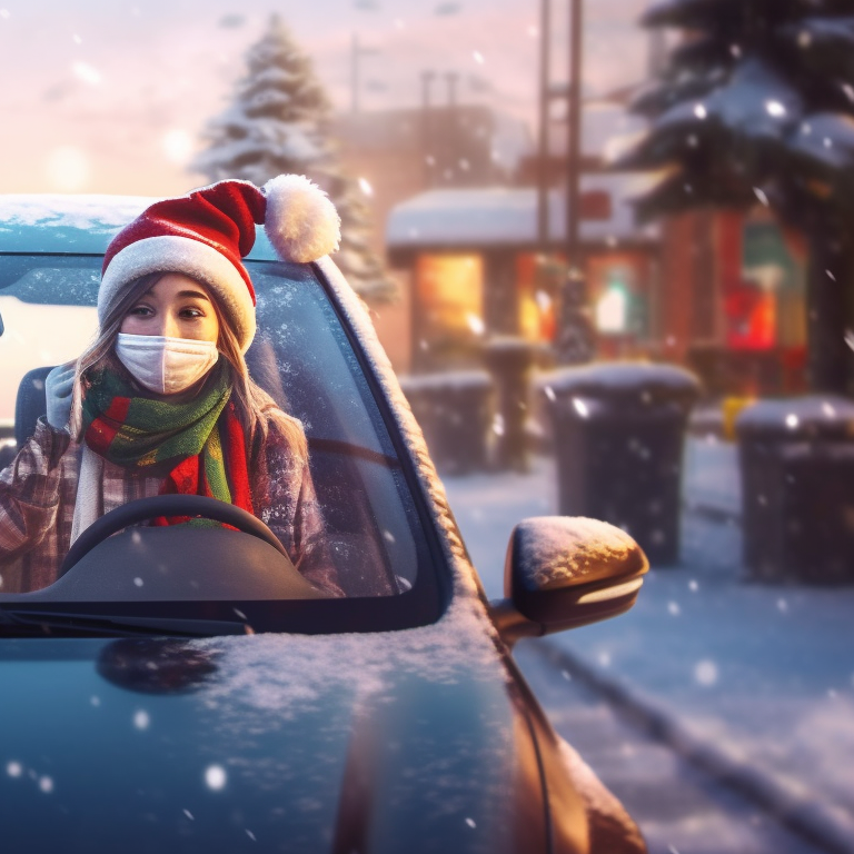 Two characters in elf hats, their cars decorated like Santa's sleigh, soft pastel colors and whimsical design. stunning matching christmas car collections pfp for discord.
