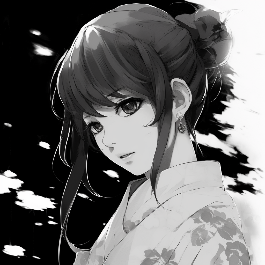 Graceful anime girl dressed in traditional kimono, the intricate line art and patterns give it a cultural touch. anime profile picture black and white female