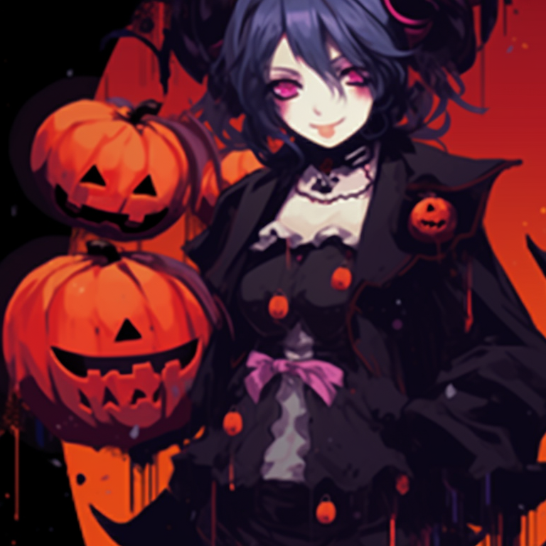 Two characters in matching goth outfits, monochrome palette with splashes of purple and red. matching anime pfp gif halloween theme sets pfp for discord.