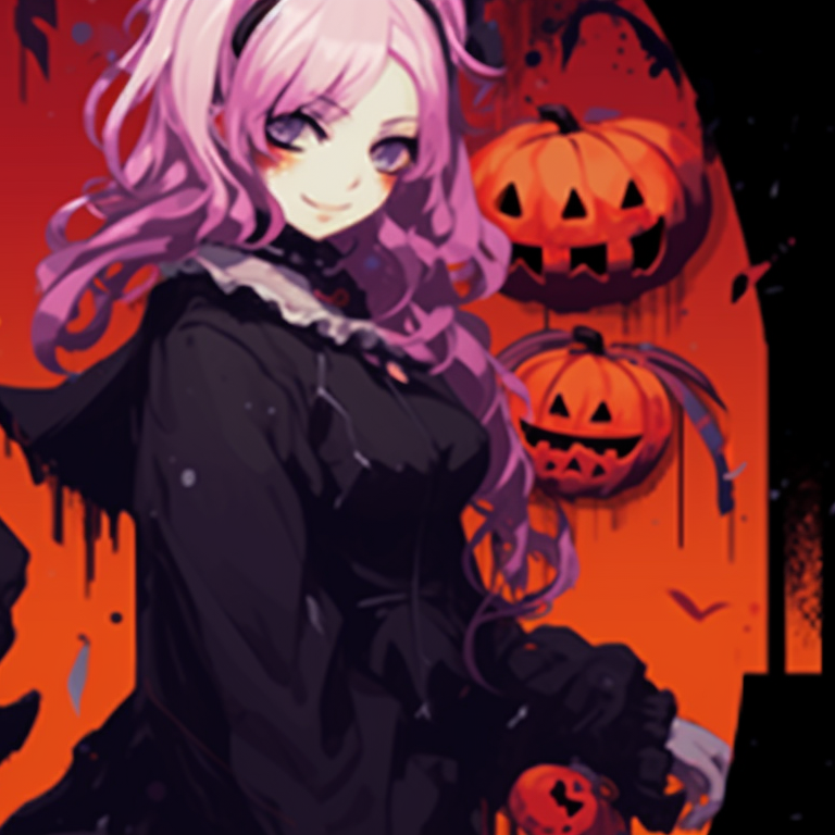 Two characters in matching goth outfits, monochrome palette with splashes of purple and red. matching anime pfp gif halloween theme sets pfp for discord.