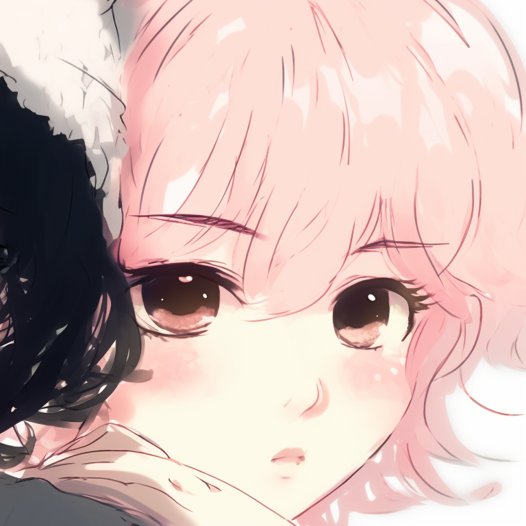 Two characters with hair entwined, detail on fabric shown, soothing color scheme. ideal instagram cute matching pfp for friends pfp for discord.