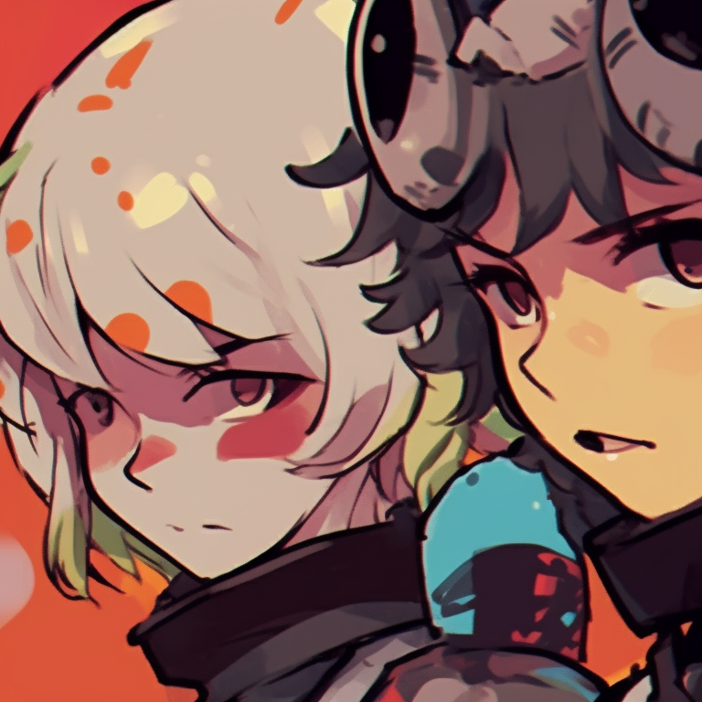 Three characters in festive attire, vibrant colors and laughing expressions. trio matching profile photos for friends pfp for discord.