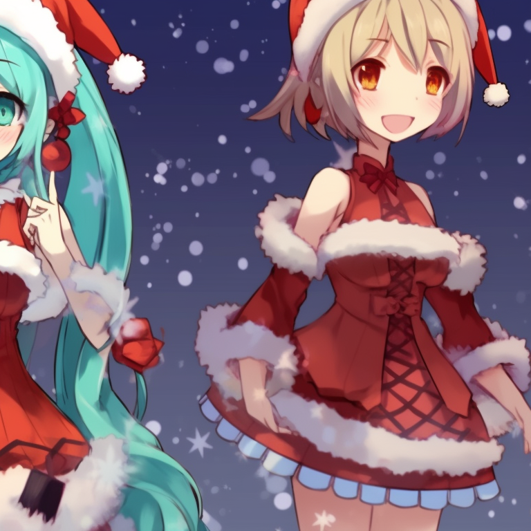 Two characters holding candy canes, high contrast and playful elements. animated matching hatsune miku christmas pfp options pfp for discord.