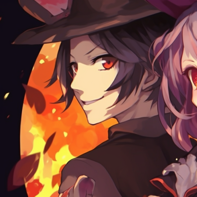 Two characters, dressed according to twisted fairytales, detailed backdrops and vivid expressions. matching anime couple themed halloween costumes pfp for discord.