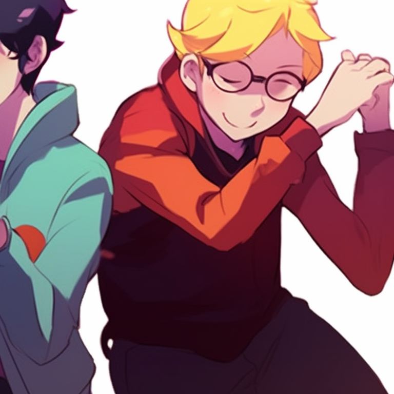 Four characters in matching attire, bold outlines, caught in a ridiculous posture. funny matching pfp for 4 friends pfp for discord.