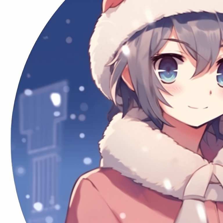 Two characters in winter outfits, pastel colors and smooth shading, with a light snowfall in the background. lovable matching christmas anime pfp boy and girl pfp for discord.