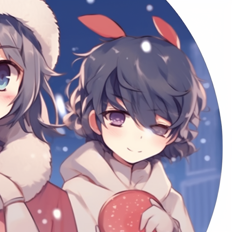 Two characters in winter outfits, pastel colors and smooth shading, with a light snowfall in the background. lovable matching christmas anime pfp boy and girl pfp for discord.