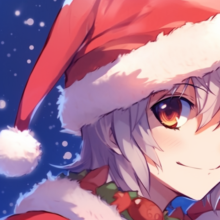 Two characters exchanging gifts, detailed outlines and vibrant hues. gorgeous matching christmas pfp anime pfp for discord.