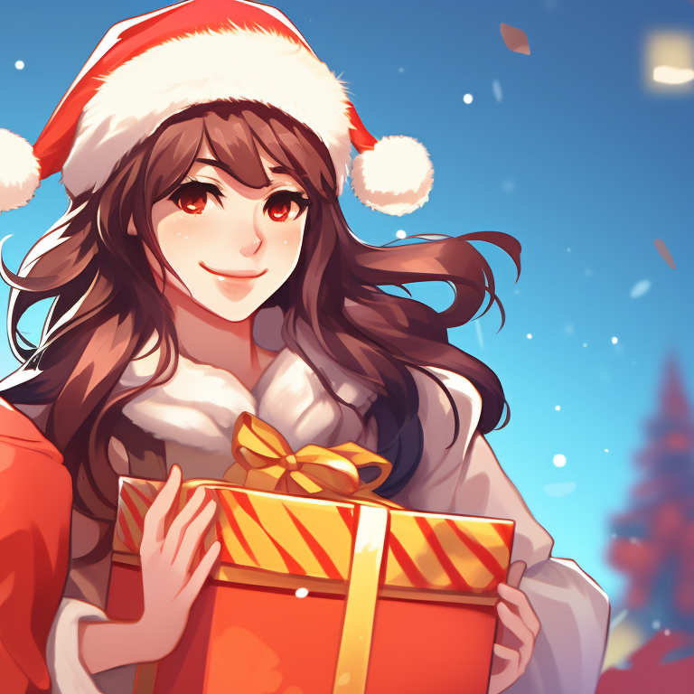 Two characters in cozy outfits, gleaming decorations and soft tones, arms wrapped around each other. creative matching christmas tiktok pfp pfp for discord.