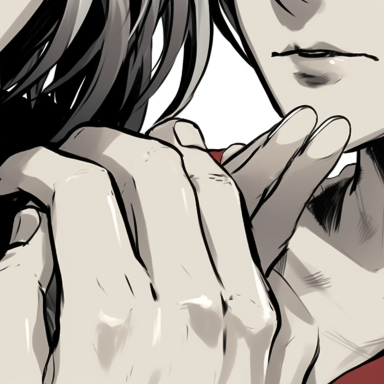 Close-up of Lady K, in minimalistic style, holding the sick man's hand lady k and the sick man matching pfp images pfp for discord.