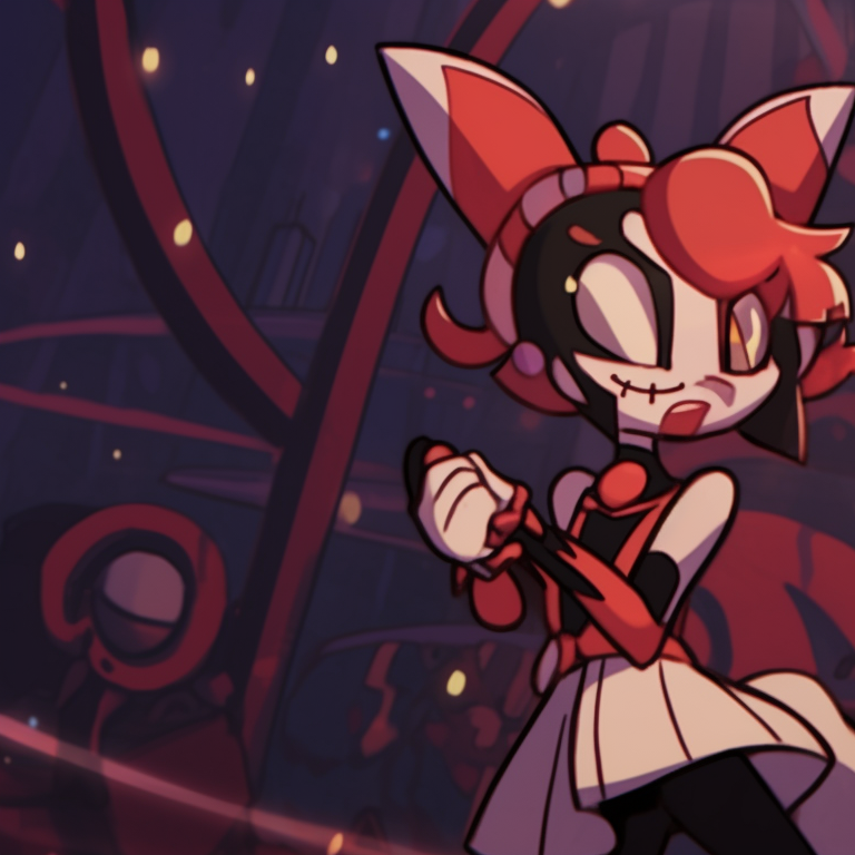 Moxxie and Millie, back-to-back, a fiery battlefield in the background, dramatic lighting and bold colors. creative helluva boss moxxie and millie pfp pfp for discord.