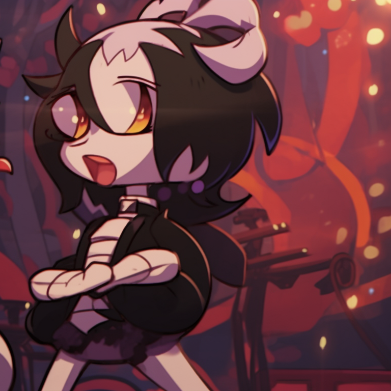 Moxxie and Millie, back-to-back, a fiery battlefield in the background, dramatic lighting and bold colors. creative helluva boss moxxie and millie pfp pfp for discord.