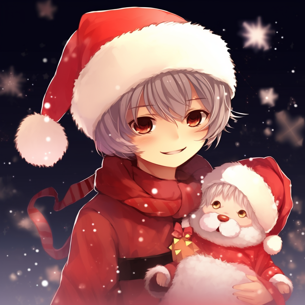 Santa anime girl carrying a wrapped present, with bright festive colors. christmas anime pfp