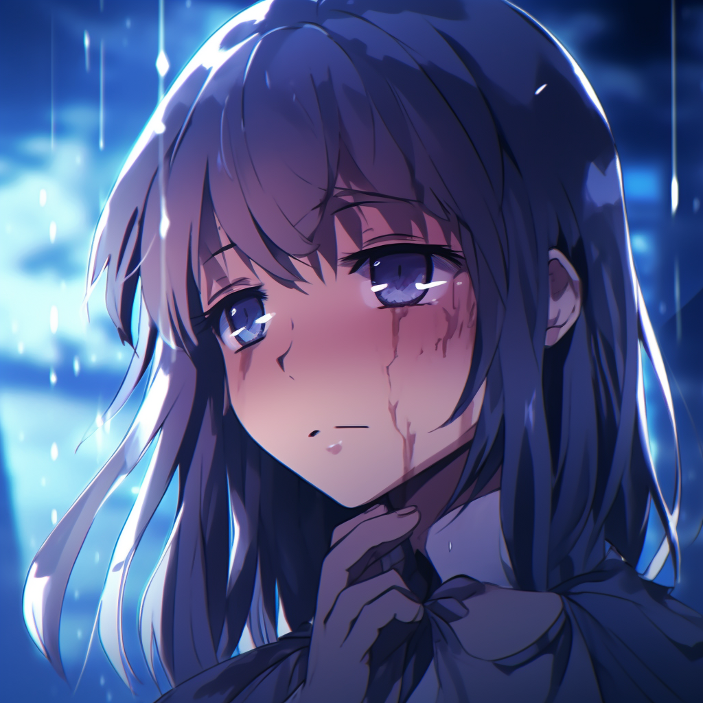 Sad anime girl in the rain, droplets amplified the expressions with dynamic lines and wet effects. sad crying anime pfp pfp for discord.
