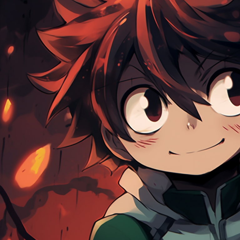 Deku and Uraraka surrounded by spooky decoration, sharp lines and dark hues. deku and uraraka halloween edition pfp for discord.