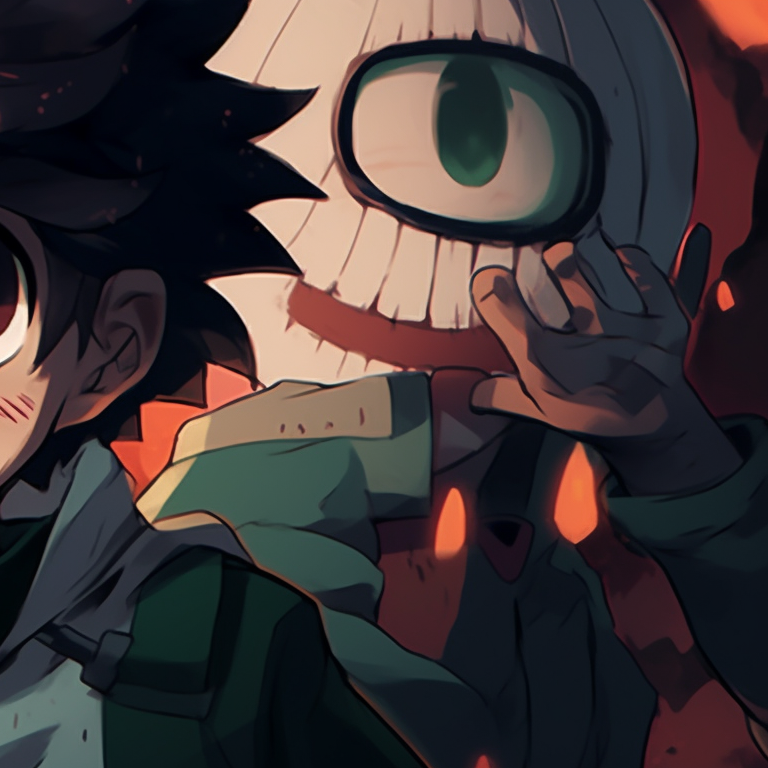 Deku and Uraraka surrounded by spooky decoration, sharp lines and dark hues. deku and uraraka halloween edition pfp for discord.