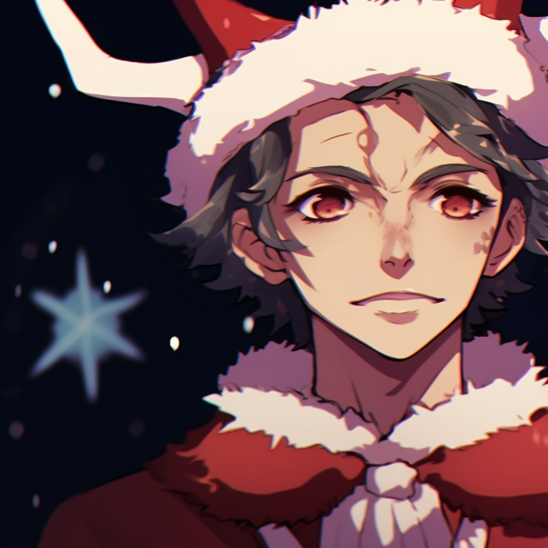 Two characters armed and ready, amid pine branches and flurries of snow. awesome matching demon slayer christmas pfp collection pfp for discord.