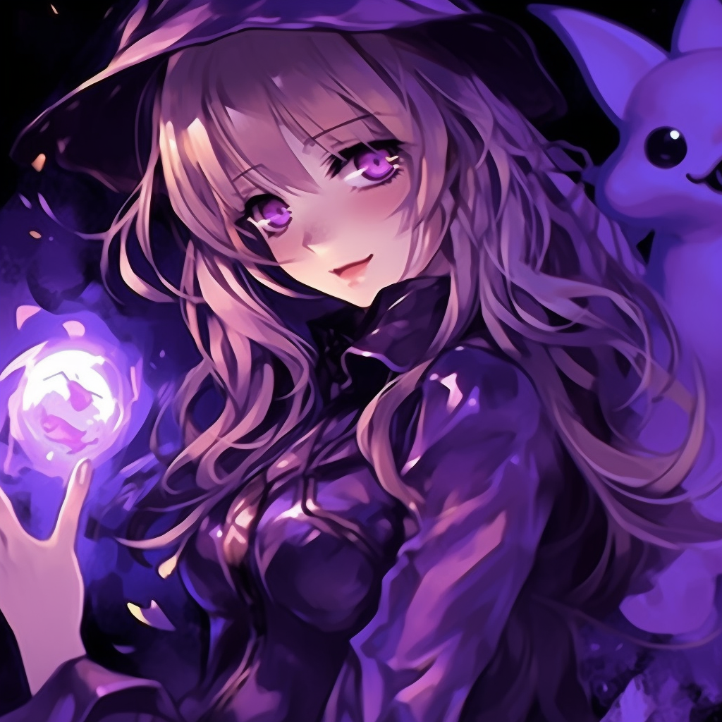 Portrait of a expressive anime duchess, muted mauve color palette and splendid details. elegant purple anime pfp girls